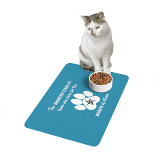 Brightest Star pet food mat in blue. The Brightest Star design features a design on the back with the phrase "The brightest stars are those who shine for the benefit of others" with a pawprint and a nautical star.