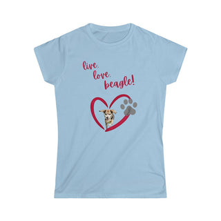 Live, Love, Beagle Women's Softstyle Tee in Light Blue. The Live, Love, Beagle design features a dog running through a heart with the phrase "Live, Love, Beagle!" above it.