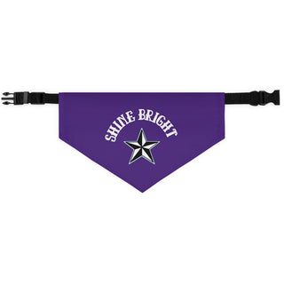 Brightest Star Pet Bandana Collar in Purple. The Brightest Star design features the phrase "Shine Bright" with a nautical star. Comes with adjustable black collar.