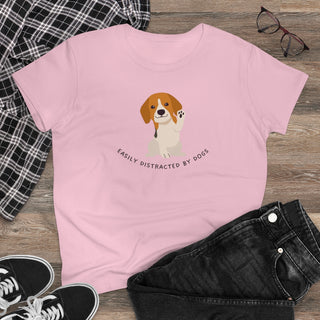 Easily Distracted Women's Midweight Cotton Tee in Pink. Shown is front design featuring a dog waving with the saying "Easily Distracted by Dogs" below it. The back of shirt has the classic Benefit Beagle Logo.