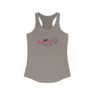 Meow Women's Racerback Tank in Warm Grey. Shown is front of shirt with the Benefit Beagle Logo featuring a peeping cat. The back showcases a wide eyed black cartoon cat with the phrase "Chatty Cat" above it.