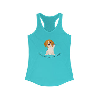 Easily Distracted Women's Racerback Tank in Tahiti Blue. Shown is front design featuring a dog waving with the saying "Easily Distracted by Dogs" below it. The back of shirt has the classic Benefit Beagle Logo.