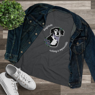 Signature Tattoo Flowers Women's Premium Tee in Asphalt. Shown is front of shirt with the Signature Tattoo Flowers design featuring a dog with flowers around it and the phrase "Beagletude" and "Nothing is Impawssible". Back of shirt features the Benefit Beagle Logo.