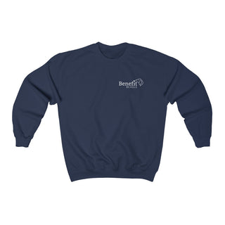 Live in the Moment Crewneck Sweatshirt in Navy. The Live in the Moment design features the Benefit Beagle logo in the top corner of the garment.