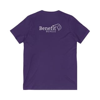 Signature Tattoo Flowers Unisex Jersey Short Sleeve V-Neck Tee in Purple. Shown is back of shirt with the Benefit Beagle Logo. Front of shirt has the Signature Tattoo Flowers design featuring a dog with flowers around it and the phrase "Beagletude" and "Nothing is Impawssible".