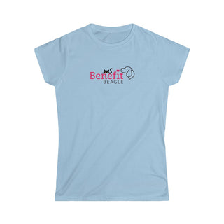 Meow Women's Softstyle Tee in Light Blue. Shown is front of shirt with the Benefit Beagle Logo featuring a peeping cat. The back showcases a wide eyed black cartoon cat with the phrase "Chatty Cat" above it.