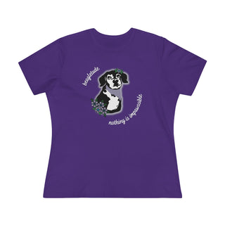 Signature Tattoo Flowers Women's Premium Tee in Purple. Shown is front of shirt with the Signature Tattoo Flowers design featuring a dog with flowers around it and the phrase "Beagletude" and "Nothing is Impawssible". Back of shirt features the Benefit Beagle Logo.