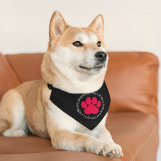 Dog wearing the Different Pawspective Dog Collar Bandana in Black. The Different Pawspective design features the phrase "Life is all about finding the beauty in a different pawspective" around a paw print. Comes with adjustable black collar.