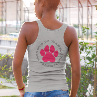 Different Pawspective Women's Racerback Tank in Heather Grey. Shown is the back of shirt featuring a large colorful pawprint with the the phrase "Life is all about finding the beauty in a different pawspective" circled around it. The Benefit Beagle Logo is located in the top corner on the front of shirt.