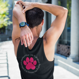 Different Pawspectives Unisex Jersey Tank in Black. Shown is the back of shirt featuring a large colorful pawprint with the the phrase "Life is all about finding the beauty in a different pawspective" circled around it. The Benefit Beagle Logo is located in the top corner on the front of shirt.