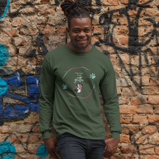 Dog Hair is my Glitter Long Sleeve Tee in Forest Green. The Dog Hair is my Glitter design features a dog with the phrase "Dog Hair is my Glitter" above it and it is surrounded by a circle with paw prints.