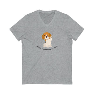 Easily Distracted Unisex Jersey Short Sleeve V-Neck Tee in Athletic Heather. Shown is front design featuring a dog waving with the saying "Easily Distracted by Dogs" below it. The back of shirt has the classic Benefit Beagle Logo.