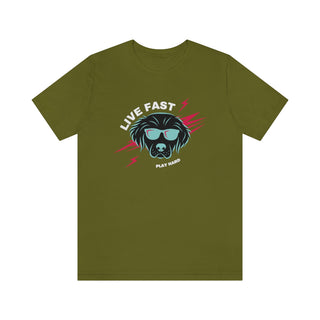 Play Hard Unisex Jersey Short Sleeve Tee Shirt in Olive. The design features a cool dog with sunglasses and lightening bolts around it. The phrase "Live Fast, Play Hard" is around the design.