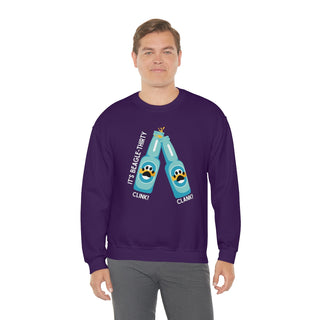 Beagle-Thirty Bottles Unisex Heavy Blend Crewneck Sweatshirt in Purple. The front of shirt showcases Two Paw Labeled Bottles clinking with the saying, "It's Beagle-Thirty". Back of shirt features corresponding Benefit Beagle Logo.