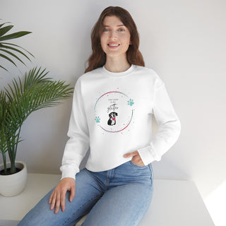 Dog Hair is my Glitter Unisex Crewneck in White. The Dog Hair is my Glitter design features a dog with the phrase "Dog Hair is my Glitter" above it and it is surrounded by a circle with paw prints.