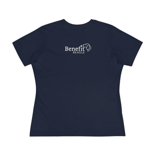 Easily Distracted Women's Premium Tee in Navy. Shown is back design with the classic Benefit Beagle Logo. The front design features a dog waving with the saying "Easily Distracted by Dogs" below it.