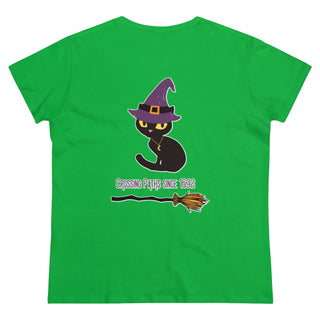 A slightly more fitted take of a classic short sleeve cotton tee. This contoured silhouette is made out of a soft, light cotton. Back side shown in Irish Green with Wide Eyed Cartoon Cat wearing Purple Hat Standing over Broom. "Crossing Paths Since 1692". On the front of shirt is similar Witchy Benefit Beagle Logo. Purrfect for Halloween, or anytime!