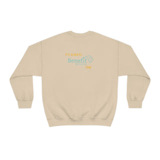 Beagle-Thirty Bottles Unisex Heavy Blend Crewneck Sweatshirt in Sand. Shown is back of shirt featuring "Beagle-Thirty" Benefit Beagle Logo. The front Showcases Two Paw Labeled Bottles clinking with, "It's Beagle-Thirty" written next to it.