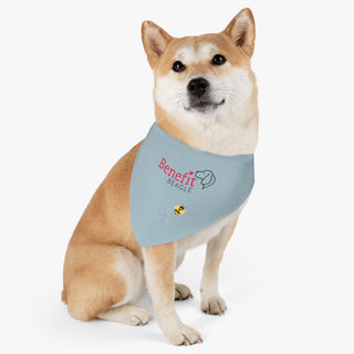 Dog wearing Bee Pawsitive Dog Collar Bandana in Grey. The Bee Pawsitive design features the Benefit Beagle logo with a bumble bee flying under it. Comes with adjustable black collar.