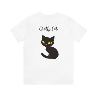 Meow Unisex Tee in Yellow. Shown is back showcasing a wide eyed black cartoon cat with the phrase "Chatty Cat" above it. On front of shirt is the Benefit Beagle Logo featuring a peeping cat.