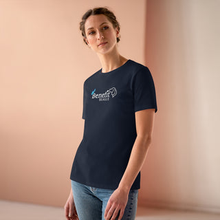 Lincoln Butterfly Women's Premium Tee in Navy. Shown is the front of shirt with Benefit Beagle Logo kissed by butterfly. The back of shirt showcases profile of a dog with a blue butterfly on its nose and the phrase "Kindness is Strength" next to it.