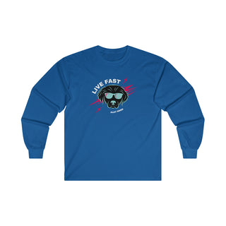 Play Hard Ultra Long Sleeve Tee in royal. The design features a cool dog with sunglasses and lightening bolts around it. The phrase "Live Fast, Play Hard" is around the design.