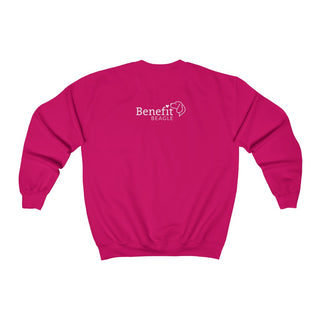 Signature Tattoo Roses Crewneck Sweatshirt in Heliconia. Shown is back of shirt with the Benefit Beagle Logo. Front of shirt has the Signature Tattoo Roses design featuring a dog with roses around it and the phrase "Beagletude" and "Nothing is Impawssible".