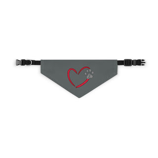 Live, Love, Beagle Dog Collar Bandana in Grey. The Live, Love, Beagle design features a heart with a paw print. Comes with black adjustable collar. 