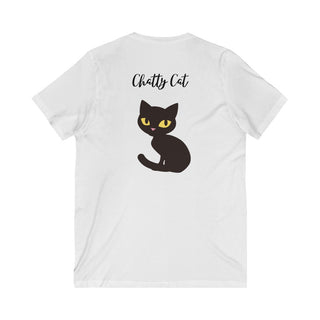 Meow Unisex V-Neck Tee in White. Shown is back showcasing a wide eyed black cartoon cat with the phrase "Chatty Cat" above it. On front of shirt is the Benefit Beagle Logo featuring a peeping cat.