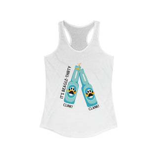 Beagle-Thirty Bottles Women's Racerback Tank in White. The front of shirt showcases Two Paw Labeled Bottles clinking with the saying, "It's Beagle-Thirty". Back of shirt features corresponding Benefit Beagle Logo.