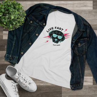 Play Hard Women's Premium Tee Shirt in White. The design features a cool dog with sunglasses and lightening bolts around it. The phrase "Live Fast, Play Hard" is around the design.