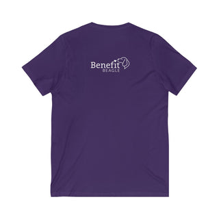 Signature Tattoo Flowers Unisex Jersey Short Sleeve V-Neck Tee in Purple. Shown is back of shirt with the Benefit Beagle Logo. Front of shirt has the Signature Tattoo Flowers design featuring a dog with flowers around it and the phrase "Beagletude" and "Nothing is Impawssible".