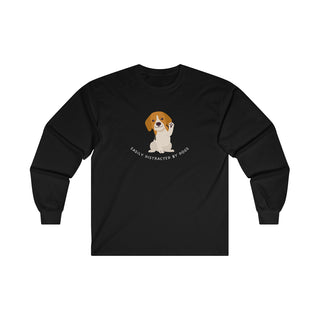 Easily Distracted Ultra Cotton Long Sleeve Tee in Black. Shown is front design featuring a dog waving with the saying "Easily Distracted by Dogs" below it. The back of shirt has the classic Benefit Beagle Logo.