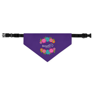 Dia De Los Muertos Dog Collar Bandana in Purple. The Dia De Los Muertos design features the Benefit Beagle logo with flowers surrounding it. Comes with adjustable black collar.