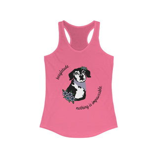 Signature Tattoo Flowers Women's Ideal Racerback Tank in Hot Pink. Shown is front of shirt with the Signature Tattoo Flowers design featuring a dog with flowers around it and the phrase "Beagletude" and "Nothing is Impawssible". Back of shirt features the Benefit Beagle Logo.