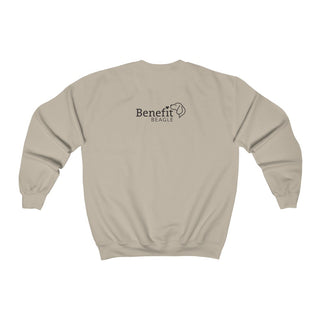 Signature Tattoo Roses Crewneck Sweatshirt in Sand. Shown is back of shirt with the Benefit Beagle Logo. Front of shirt has the Signature Tattoo Roses design featuring a dog with roses around it and the phrase "Beagletude" and "Nothing is Impawssible".