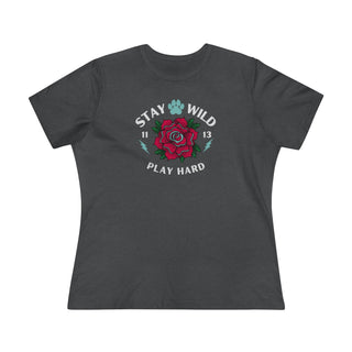 Stay Wild Women's Premium Tee in Asphalt. Shown is front of Stay Wild Design features a tattoo style rose with the phrase "Stay Wild, Play Hard" around it. The back of shirt features the Stay Wild Benefit Beagle Logo Design.