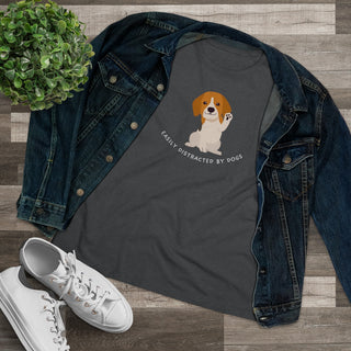 Easily Distracted Women's Premium Tee in Asphalt. Shown is front design featuring a dog waving with the saying "Easily Distracted by Dogs" below it. The back of shirt has the classic Benefit Beagle Logo.