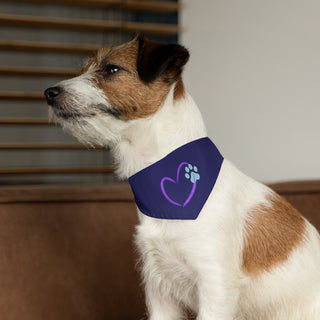 Dog wearing the Live, Love, Beagle Dog Collar Bandana in Navy. The Live, Love, Beagle design features a heart with a paw print. Comes with black adjustable collar.