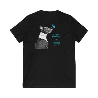 Lincoln Butterfly Unisex V-Neck Tee in Black. Shown is back of shirt design showcasing profile of a dog with a blue butterfly on its nose and the phrase "Kindness is Strength" next to it. The front of shirt has Benefit Beagle Logo kissed by a Butterfly.