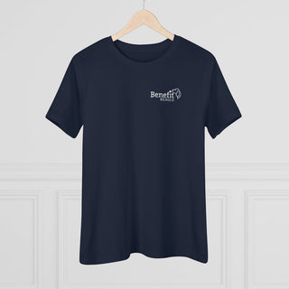 Live in the Moment Women's Premium Tee in Navy. The Live in the Moment design features the Benefit Beagle logo in the top corner of the garment.