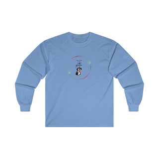 Dog Hair is my Glitter Long Sleeve Tee in Carolina Blue. The Dog Hair is my Glitter design features a dog with the phrase "Dog Hair is my Glitter" above it and it is surrounded by a circle with paw prints.