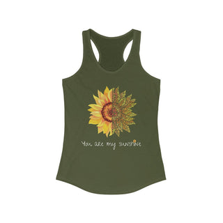 You are my Sunshine Women's Racerback Tank in Military Green. Shown is the front showcasing a sunflower which is split down the middle and half is made out of paw prints. Underneath is the phrase "You are my Sunshine" . Back of shirt features the Sunflower Benefit Beagle Logo.