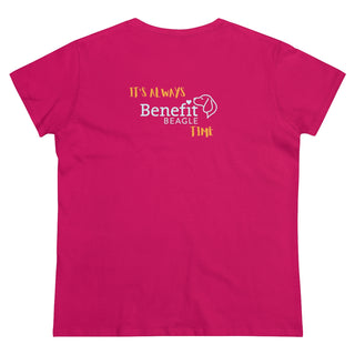 Beagle-Thirty Mugs Women's Midweight Cotton Tee in Heliconia Pink. Shown is back of shirt featuring "Beagle-Thirty" Benefit Beagle Logo. The front Showcases Two Dog Adorned Mugs clinking with, "It's Beagle-Thirty" written above it.