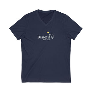 Bee Pawsitive unisex V-Neck Tee shirt in Navy. The front of shirt features the Bee Pawsitive Benefit Beagle Logo. The back of shirt showcases a dog dressed as a bee in a field of sunflowers with "Bee Pawsitive" written above.