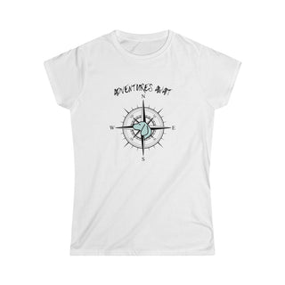 Adventures Await Women's Softstyle Tee in White. The front of shirt features the Adventures Await design with a dog inside a nautical compass and the words "Adventures Await" above it. The back of the shirt has similar Benefit Beagle Logo.