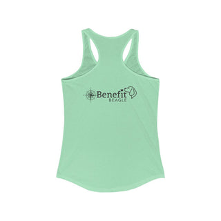 Adventures Await Women's Racerback Tank in Mint. Shown is the back of shirt with a Nautical Compass Benefit Beagle Logo. The front of shirt features the Adventures Await design with a dog inside a nautical compass and the words "Adventures Await" above it.