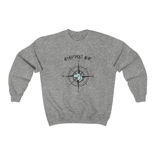 Adventures Await Unisex Crewneck Sweatshirt in Sport Grey. The front of shirt features the Adventures Await design with a dog inside a nautical compass and the words "Adventures Await" above it. The back of the shirt has similar Benefit Beagle Logo.