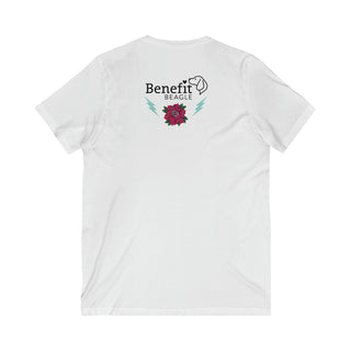 Stay Wild Premium Unisex V-Neck Tee in White. Shown is the back of shirt with Benefit Beagle Logo complete with Tattoo Rose. On front of shirt is Stay Wild Design featuring a tattoo style rose with the phrase "Stay Wild, Play Hard" around it.