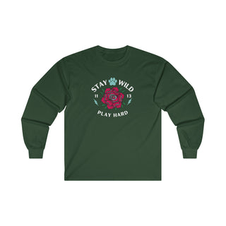 Stay Wild Ultra Cotton Long Sleeve Tee in Forest Green. The Stay Wild Design features a tattoo style rose with the phrase "Stay Wild, Play Hard" around it. The back of shirt features the Stay Wild Benefit Beagle Logo Design.